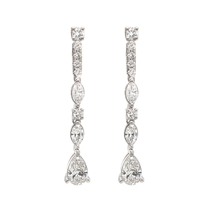 Geometric Lab-Created Diamond Round Marquise Shaped Dangle Drop Line Earrings in White Gold, 1.50 cttw