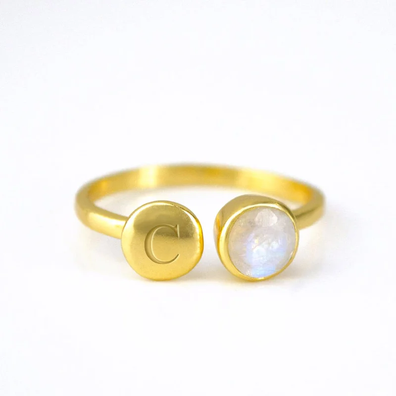 Custom Initial Adjustable Rainbow Moonstone Ring, June Birthstone