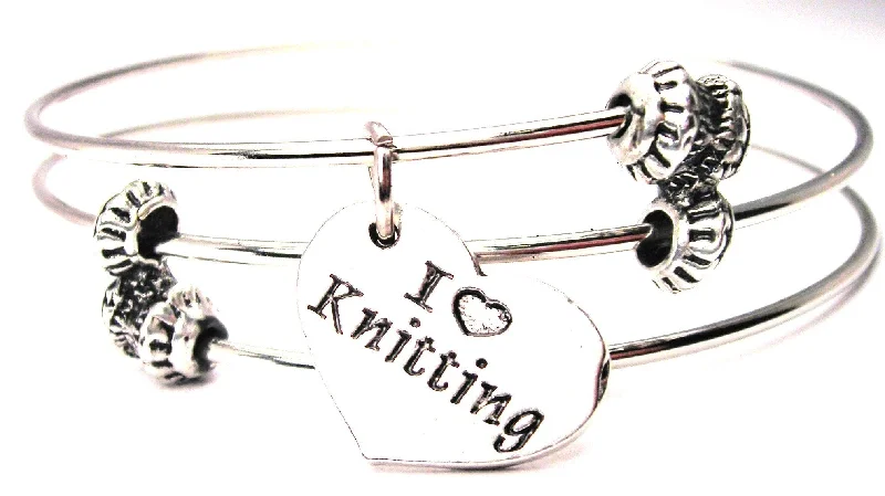 I Love Knitting Heart Triple Style Expandable Bangle Bracelet