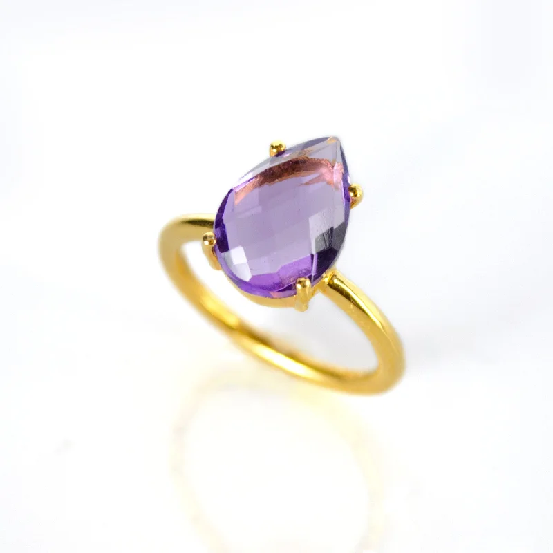 Purple Amethyst Teardrop Prong Set Ring • February Birthstone