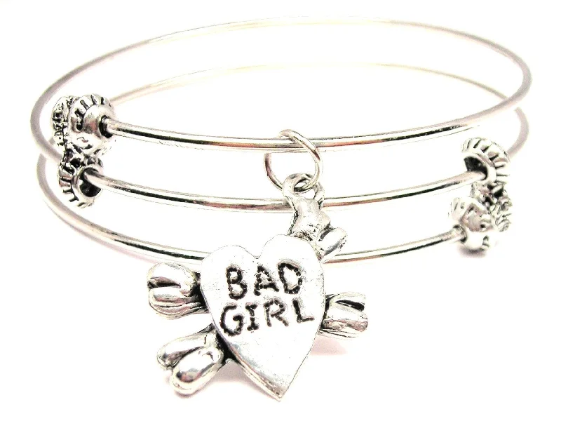 Heart With Crossbones Bad Girl Triple Style Expandable Bangle Bracelet