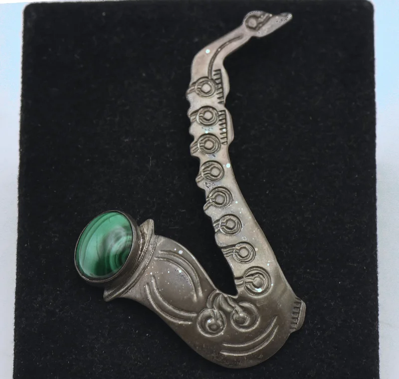 Grady Alexander - Vintage Handmade Sterling Silver and Malachite Saxophone Brooch