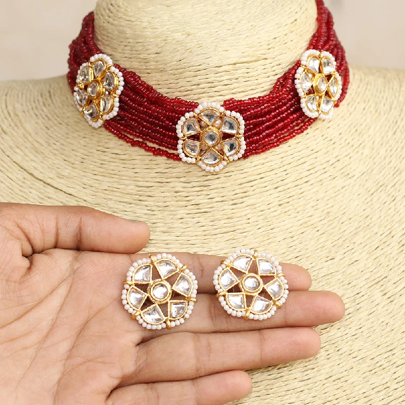 Beadsnfashion Seed Beads Beaded Kundan Choker Set Maroon