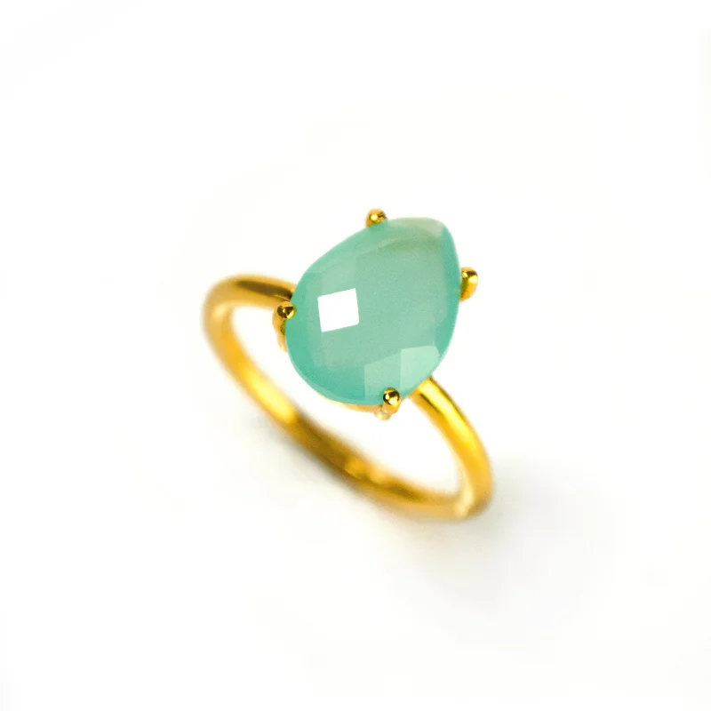 Aqua Chalcedony Teardrop Prong Set Ring • March Birthstone