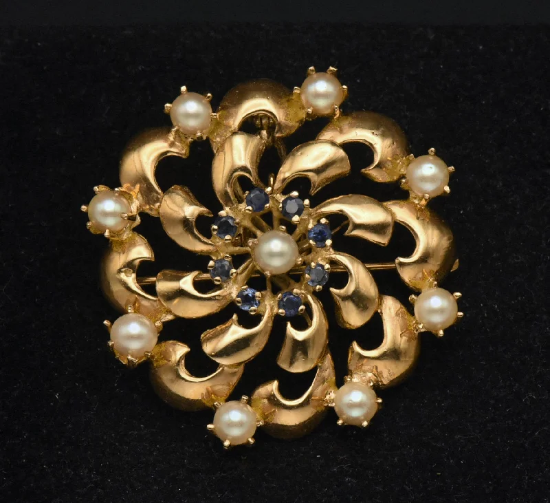 Vintage Handcrafted 14K Gold, Sapphires, and Cultured Pearls Brooch/Pendant