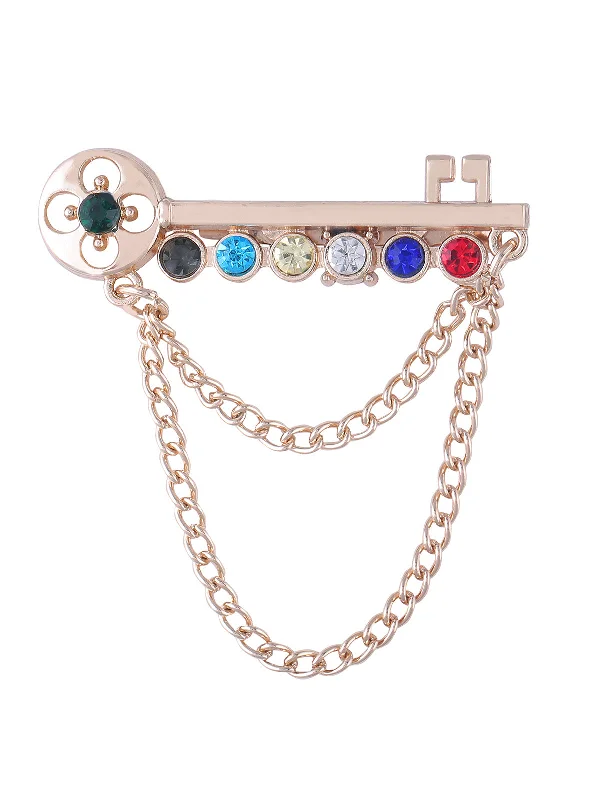 Key Shaped Multicolored Brooch with Chain Hanging