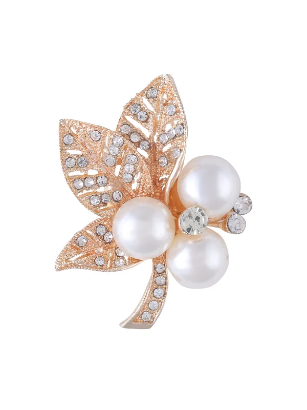 Sparkling Diamond & Pearl Leaf Shape Brooch