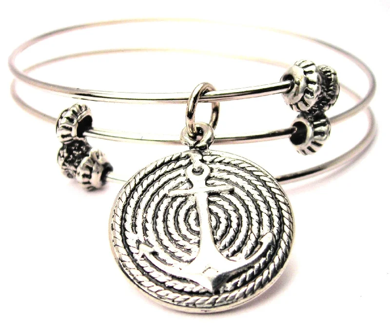 Anchor On Curled Rope Triple Style Expandable Bangle Bracelet