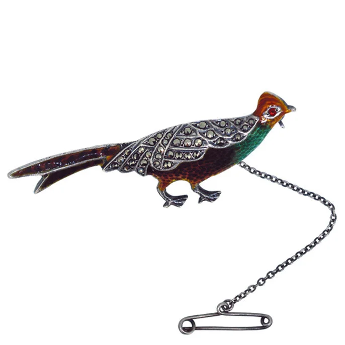 Silver Enamel & Marcasite Pheasant Brooch