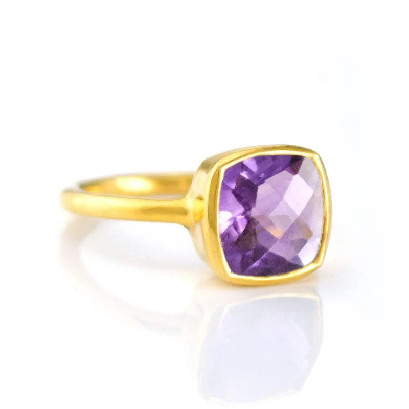 Purple Amethyst Cushion Bezel Ring: February Birthstone