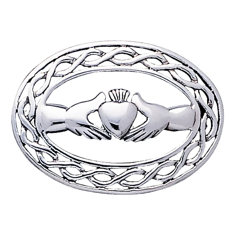 Oval Framed Celtic Claddagh Sterling Silver Pin Brooch, Medium Sized