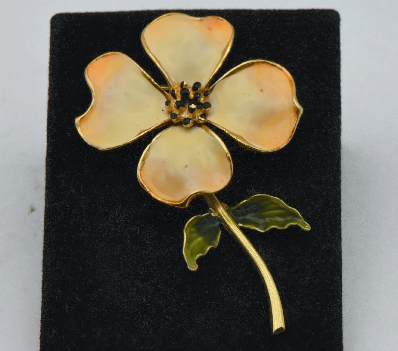 Vintage Gold Tone Metal and Enamel Floral Brooch