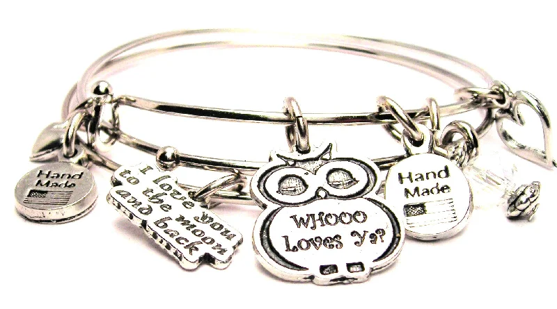 The Whooo Loves Ya Owl Expandable Bangle Bracelet with The I Love You To The Moon And Back Expandable Bangle Bracelet Set