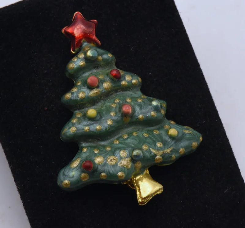 Vintage Gold Tone Metal and Colored Enamel Christmas Tree Brooch