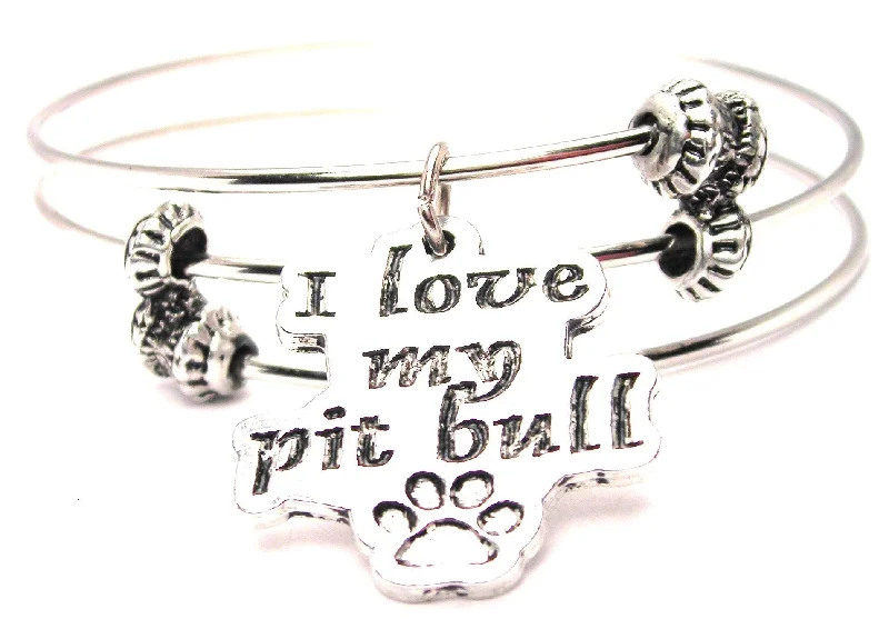 I Love My Pit Bull With Paw Print Triple Style Expandable Bangle Bracelet