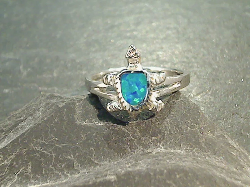 Size 6.75 Lab Created Opal, Sterling Silver Sea Turtle Ring