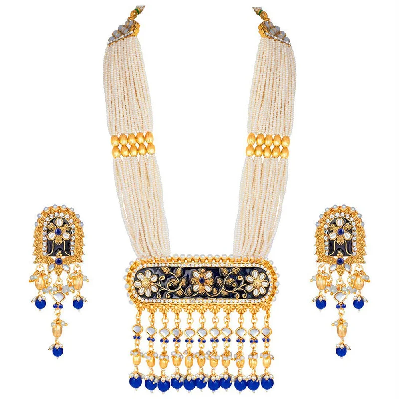 Etnico 18K Gold Plated Traditional Pearl Beaded Multi Strand Meena Work Long Necklace Jewellery Set & Earrings Set For Women (ML181Bl)