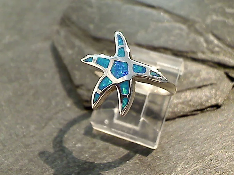 Size 9 Lab Created Opal, Sterling Silver Starfish Ring