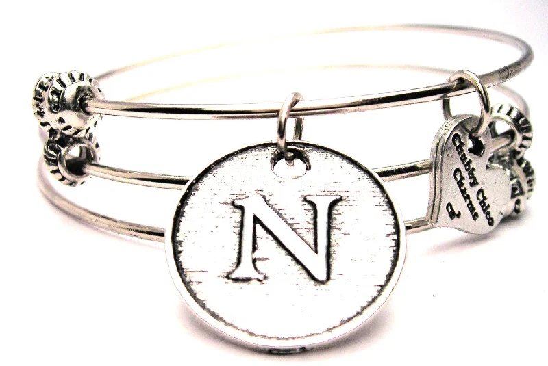 Initial N Circle Triple Style Expandable Bangle Bracelet