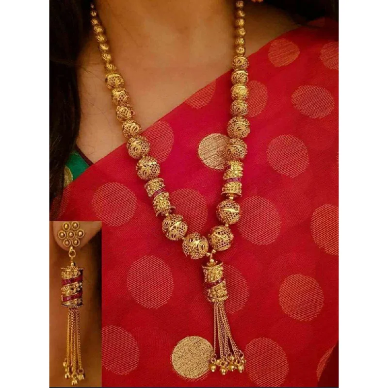 India Art Gold Plated Pink Pota Stone Long Necklace Set