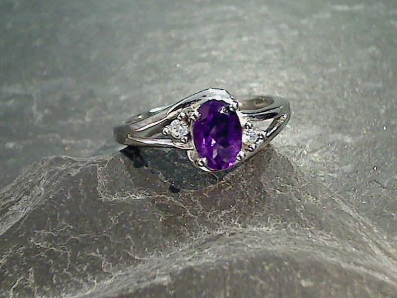 Size 7.5 Amethyst, CZ, Rhodium Plated Sterling Silver Ring