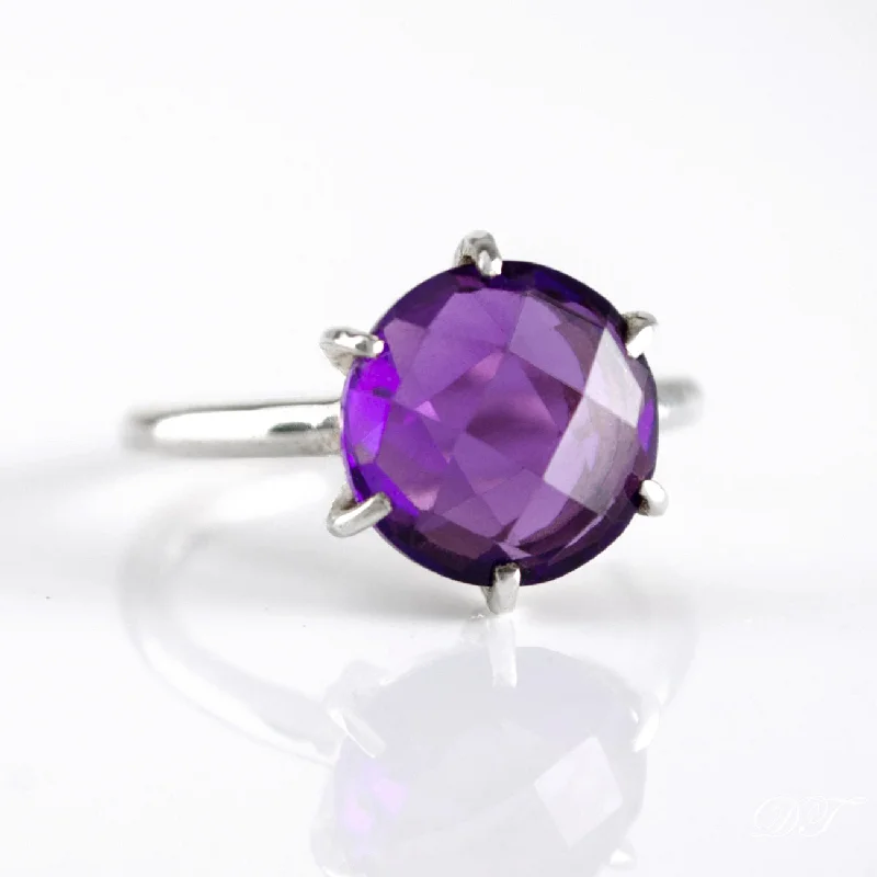 Purple Amethyst Round Prong Set Ring : February Birthstone