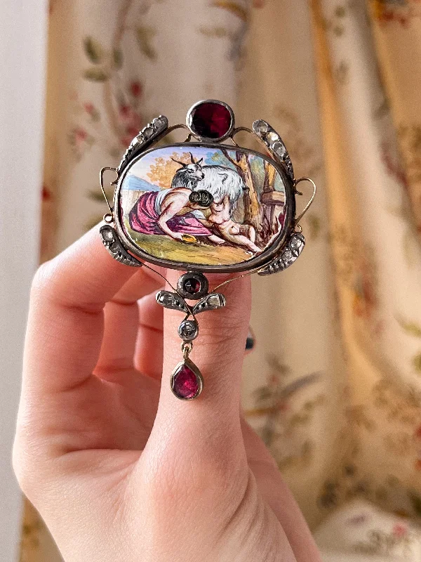 Porcelain Brooch Miniature of Zeus and Almatheia In Crete With Garnets and Diamonds