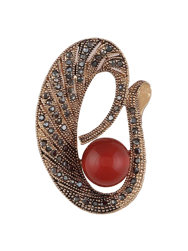 Oval Shape Imitation Gold Pearl and Diamond Metal Pin Brooch