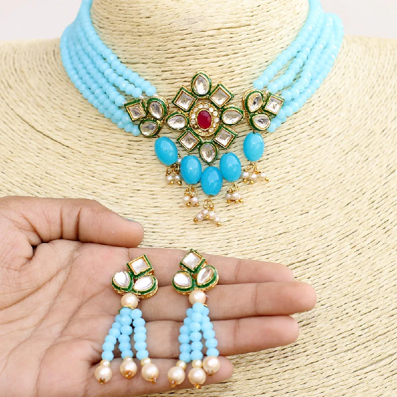 Beadsnfashion Glass Crystal Beaded Kundan Choker Set Turquoise