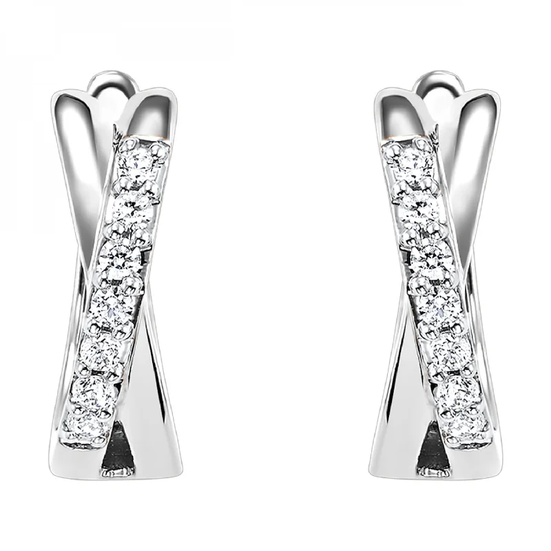 Diamond X-Shaped Cross Huggie Hoop Earrings in White Gold