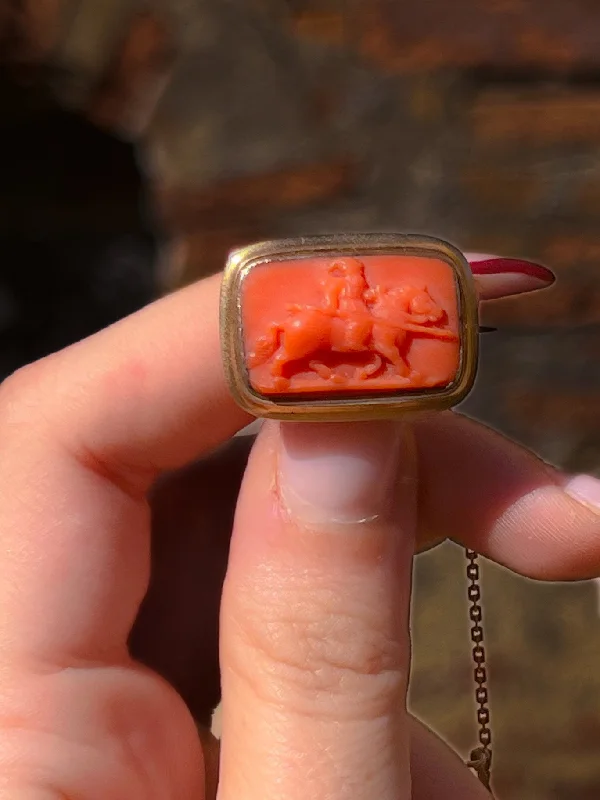 Georgian Coral Cameo Brooch of Mounted Hunter