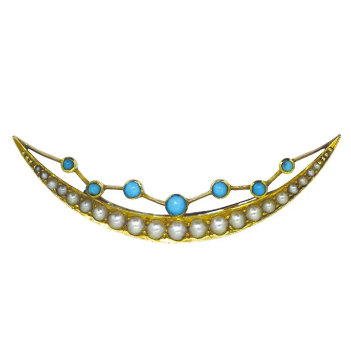 Turquoise & Pearl Crescent Brooch