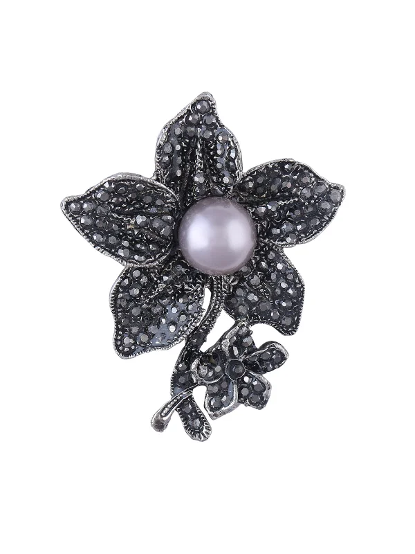 Exquisite Sparkling Diamonds Silver Grey Pearl Flower Pin Brooch