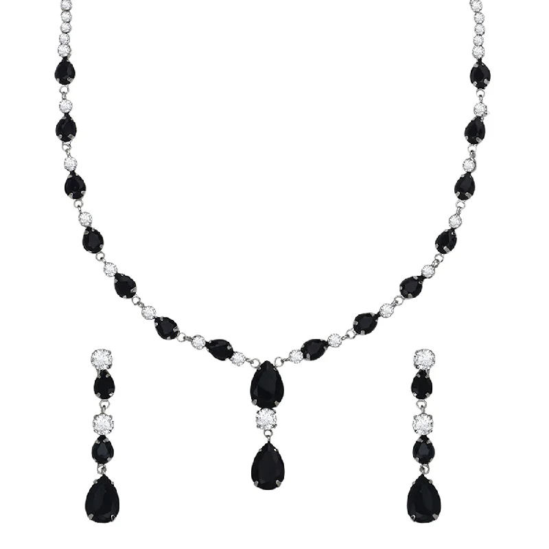 Mahi Rhodium Plated Cute & Delicate Black Crystals Necklace Set for Women (NL1103806RBla)