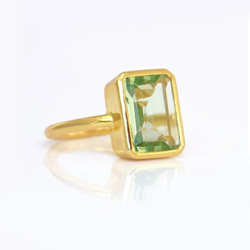 Green Amethyst rectangle bezel set ring: February Birthstone