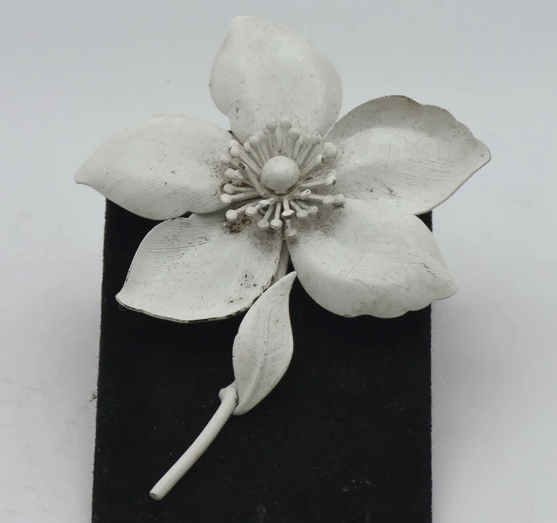 Vintage White Painted Metal Flower Brooch