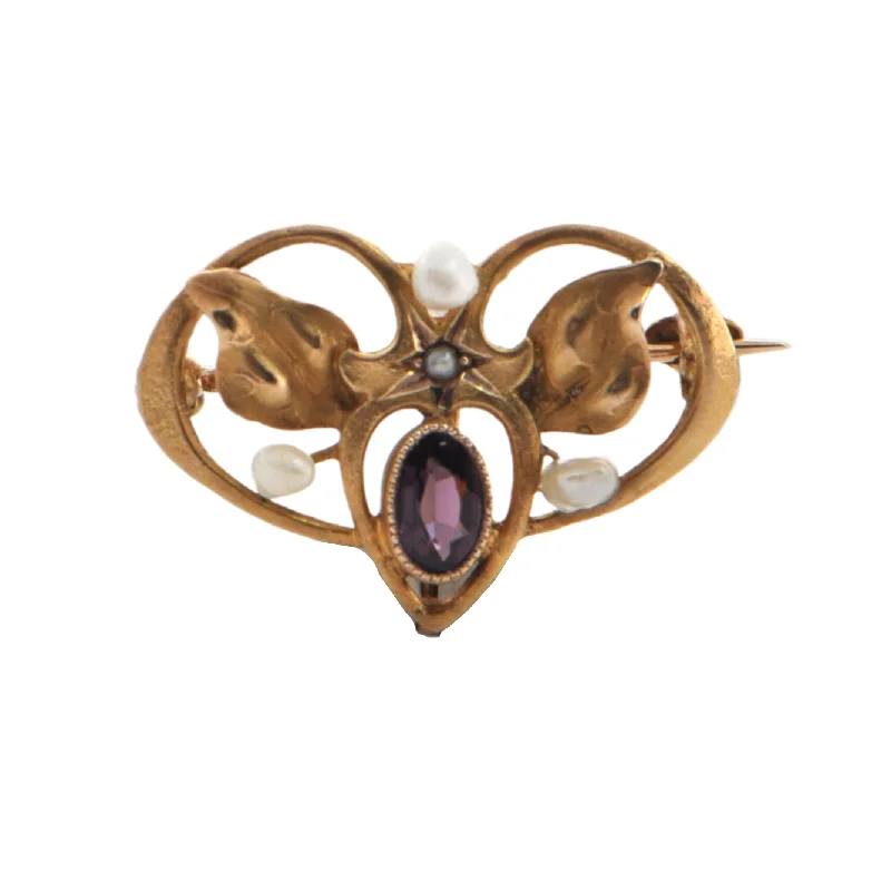 Antique Art Nouveau  Amethyst and Pearl 14K Gold Brooch