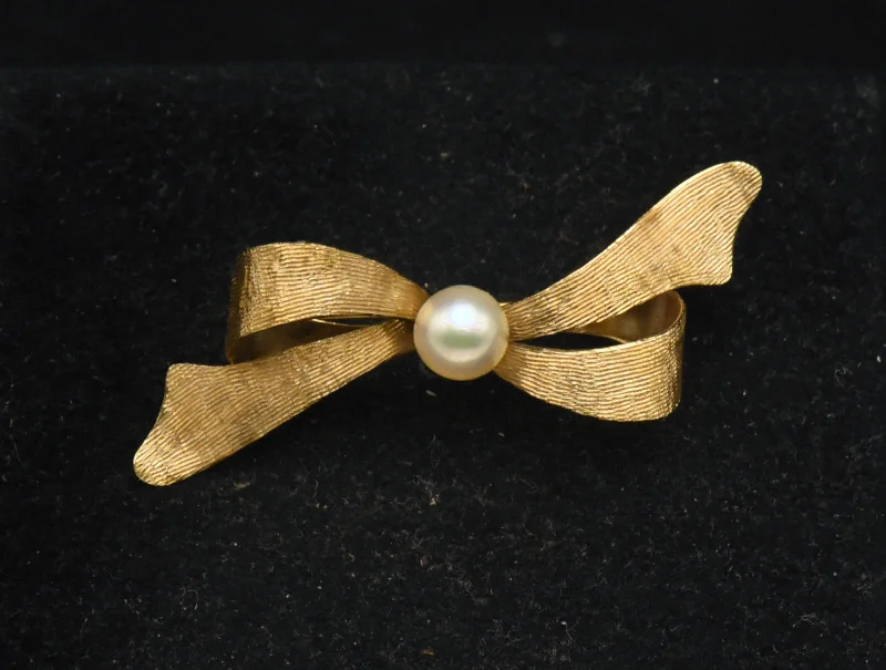 Vintage Handmade 14K Gold and Cultured Pearl Bow Brooch