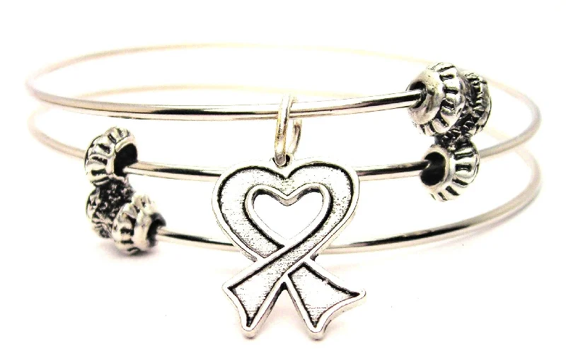 Heart Shaped Awareness Ribbon Triple Style Expandable Bangle Bracelet