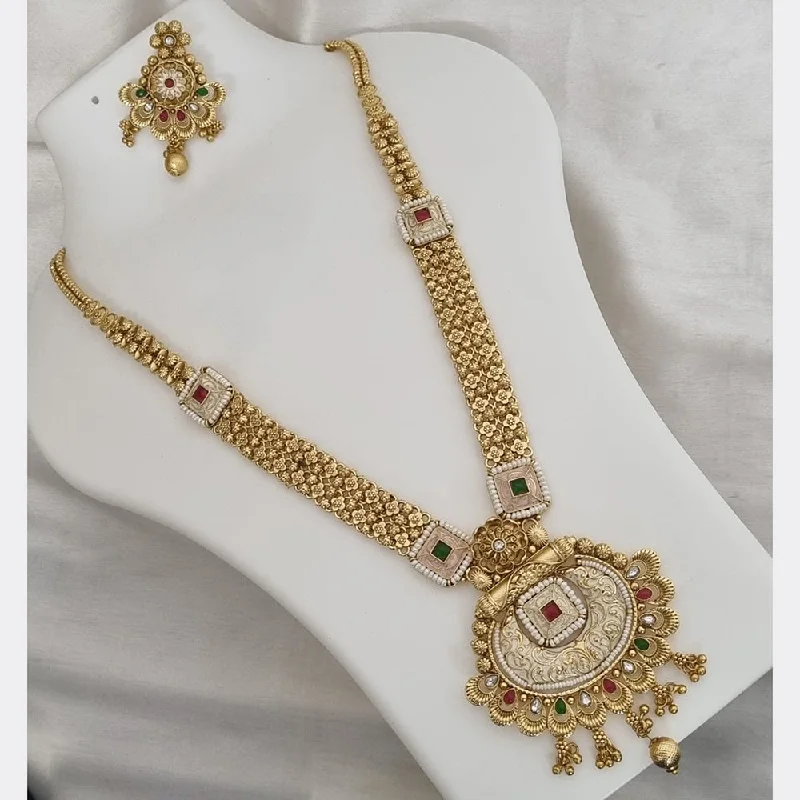 Lucentarts Jewellery Gold Plated Pota Stone And Meenakari Long Necklace Set