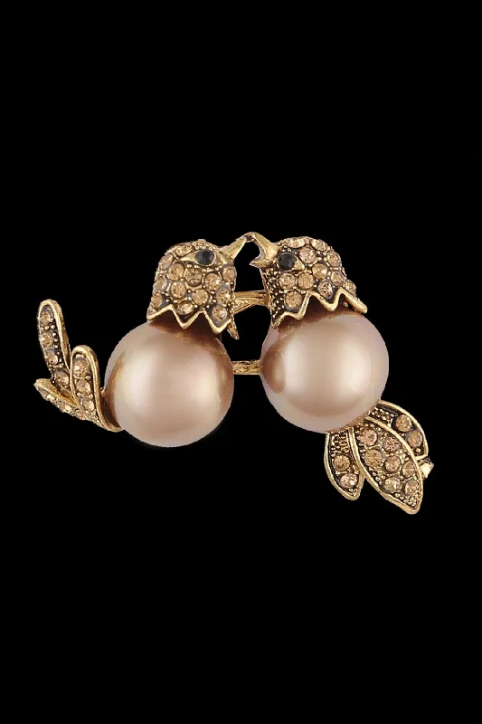 Romantic Love Birds In Antique Gold Tone with Pearl & Diamond Metal Brooch