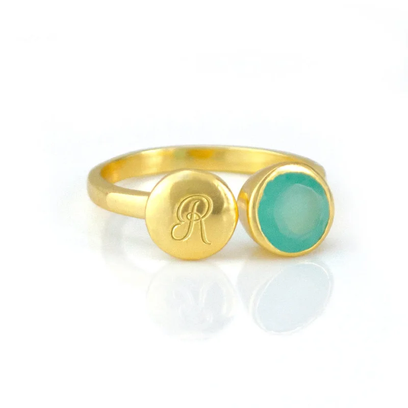 Custom Initial Adjustable Aqua Chalcedony Ring, March Birthstone