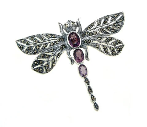 Dragonfly Brooch Pin - Marcasite and Purple Glass