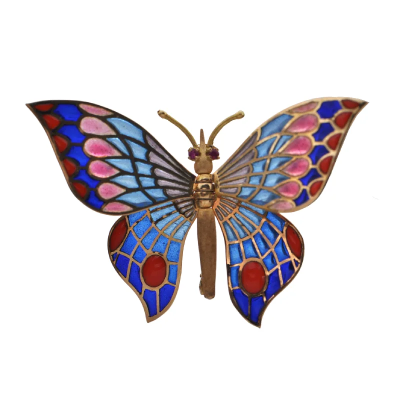 18k Birks Ruby and Plique-À-Jour Enamel Articulated Butterfly Brooch C.1970's