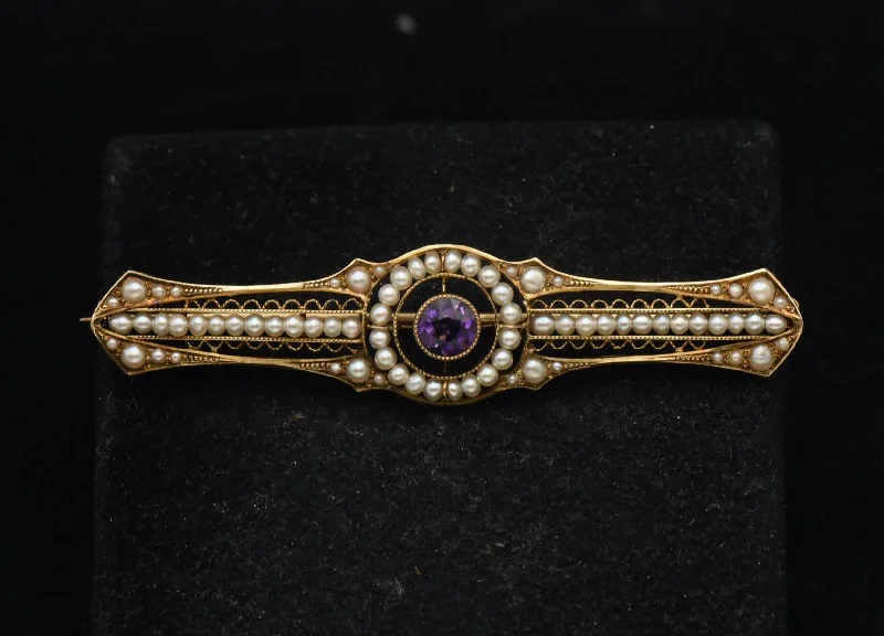 Antique 14K Gold, Amethyst and Cultured Pearl Bar Brooch