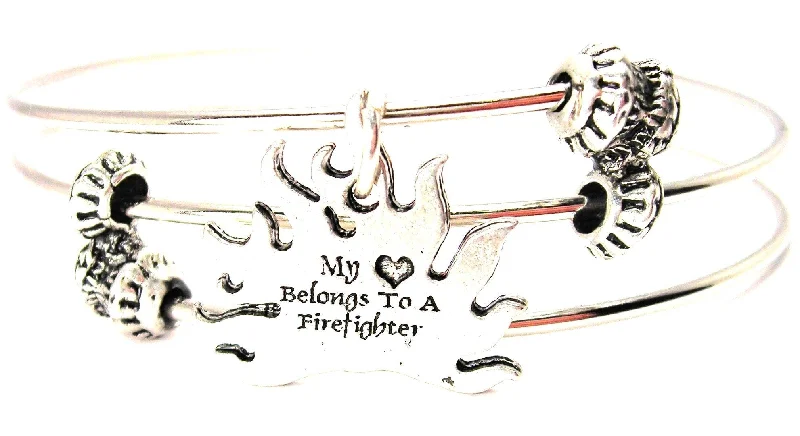 My Heart Belongs To A Firefighter Flames Triple Style Expandable Bangle Bracelet