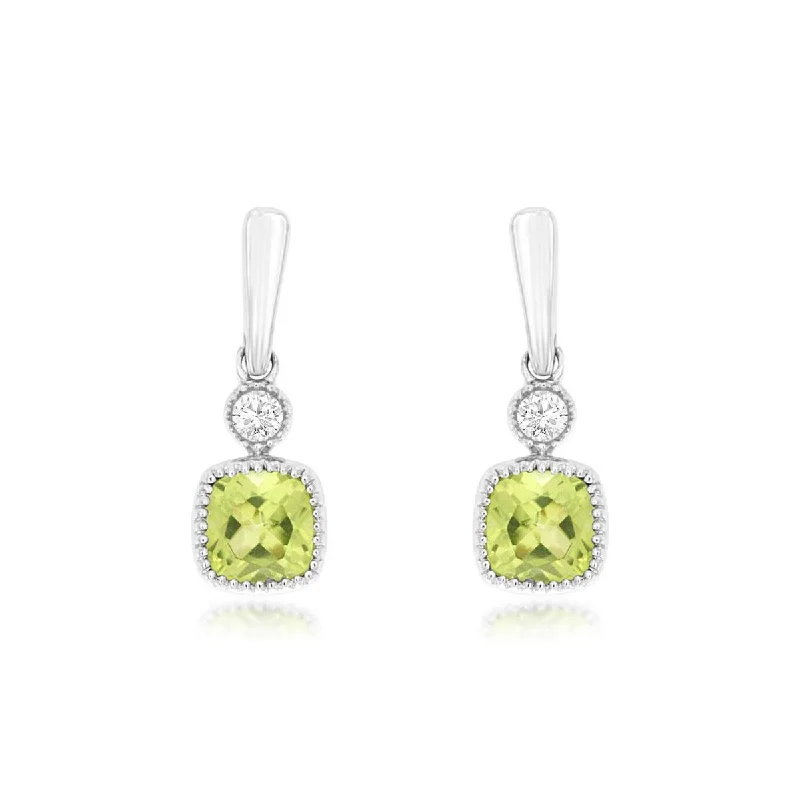 Cushion Cut Light Green Peridot and Round Diamond Dangle Earrings with Milgrain Edge in White Gold