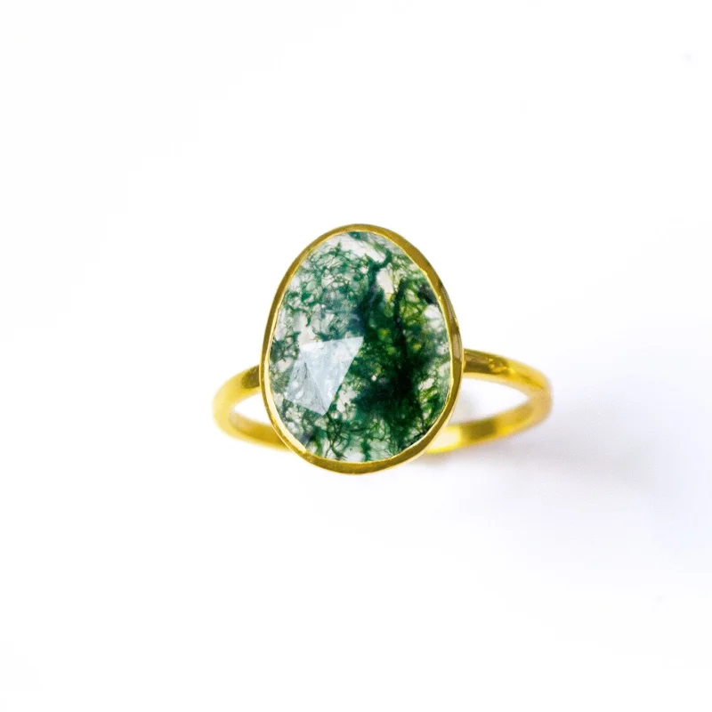 Moss Agate Large Teardrop Oval Ring