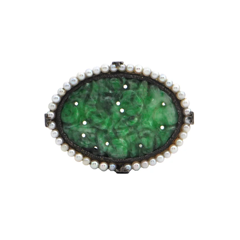 Antique Jade and Seed Pearl Silver Brooch