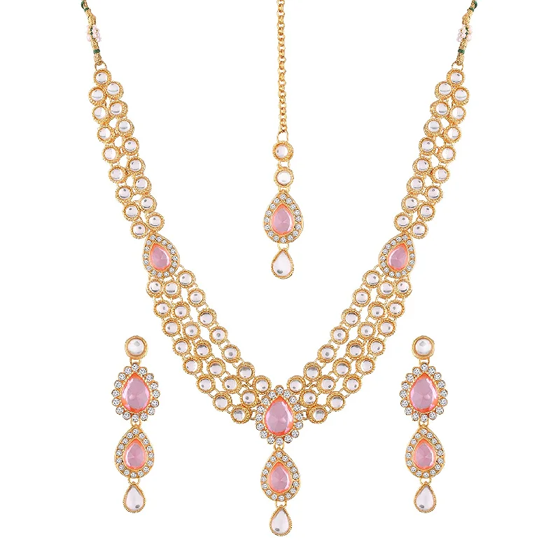 Etnico Gold Plated and American Diamond Necklace Set for Women & Girls (Pink)